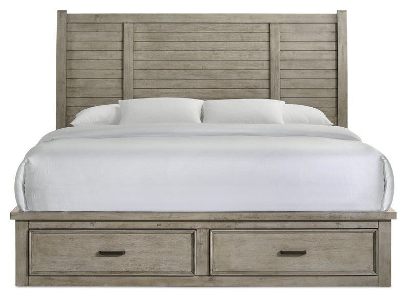 Lit plateforme de rangement Levi en bois avec tête de lit et cadre de lit, gris bois de grève - format très grand lit