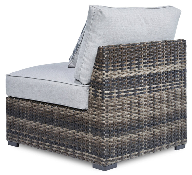 Ensemble de 2 fauteuils sans accoudoirs Lilo pour la terrasse à l’extérieur - osier en résine et tissu Nuvella, résistant aux rayons UV et aux intempéries - gris