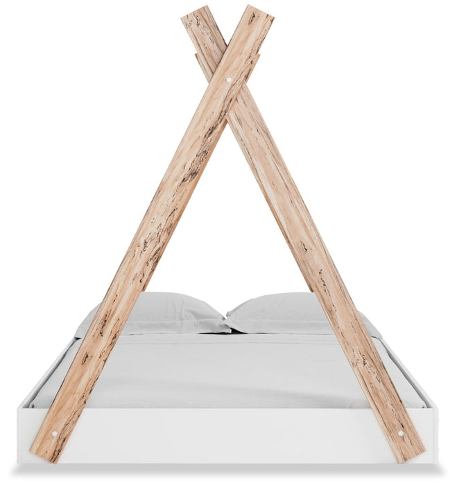 Lit plateforme Wolf en forme de tente pour enfants, deux teintes, blanc et naturel - format lit double