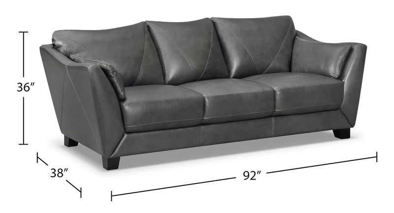 Sofa Lusso de Château d’Ax de 92 po en cuir véritable à 100 % avec pattes en bois - gris anthracite