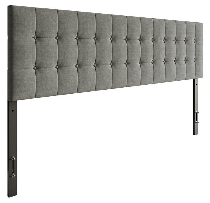Tête de lit rembourrée Ellis en tissu gris avec capitonnage à boutons - format très grand lit