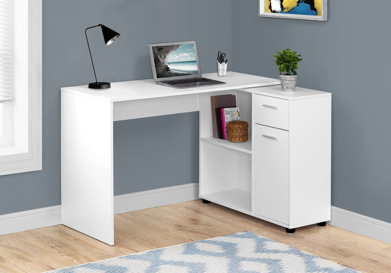 Bureau en forme de L Zoey de 46 po avec compartiments, tiroir et armoire - blanc
