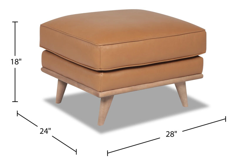 Pouf Vivia de 28 po en cuir véritable avec base en bois - brun caramel 