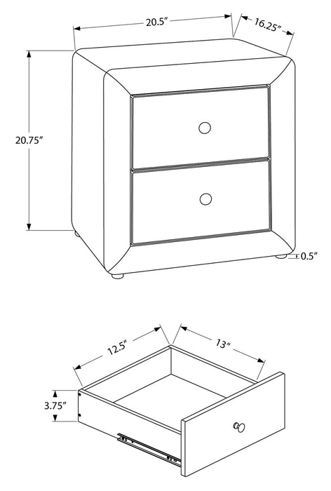 Table de nuit rembourrée Zara de 20,5 po (l) x 20,75 po (H) à 2 tiroirs - grise