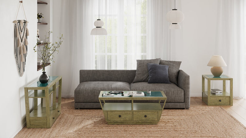 Table de salon traditionnelle Esme de 56 po avec dessus en verre, rangement et tablette - bois brun clair
