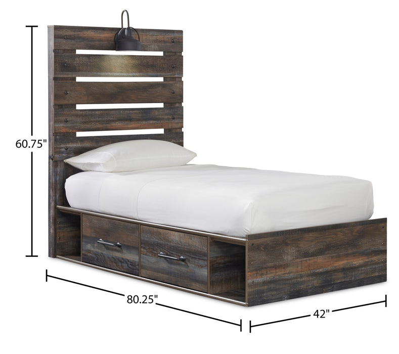 Ensemble de chambre à coucher Abby 6 pièces avec lit de rangement latéral, commode, miroir, table de nuit, lumière DEL et port USB, brun - format lit simple