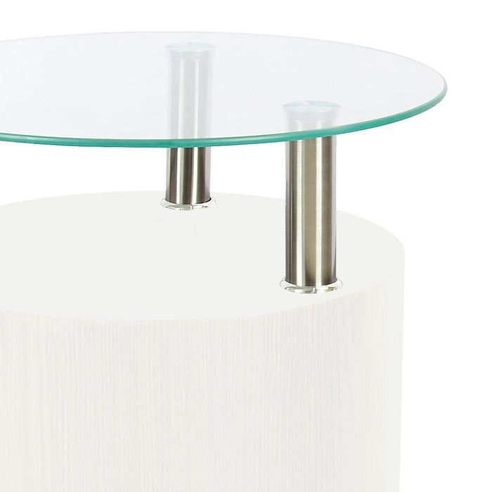 Table de bout ronde moderne Savon de 17,72 po avec dessus en verre et tablette - bois blanc et chrome 