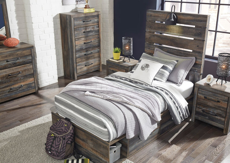 Ensemble de chambre à coucher Abby 6 pièces avec lit de rangement latéral, commode, miroir, table de nuit, lumière DEL et port USB, brun - format lit simple