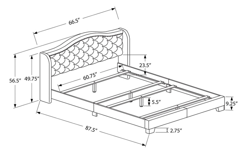 Lit rembourré à oreilles Penelope en tissu de velours gris avec clous décoratifs et capitonnage à boutons - format grand lit
