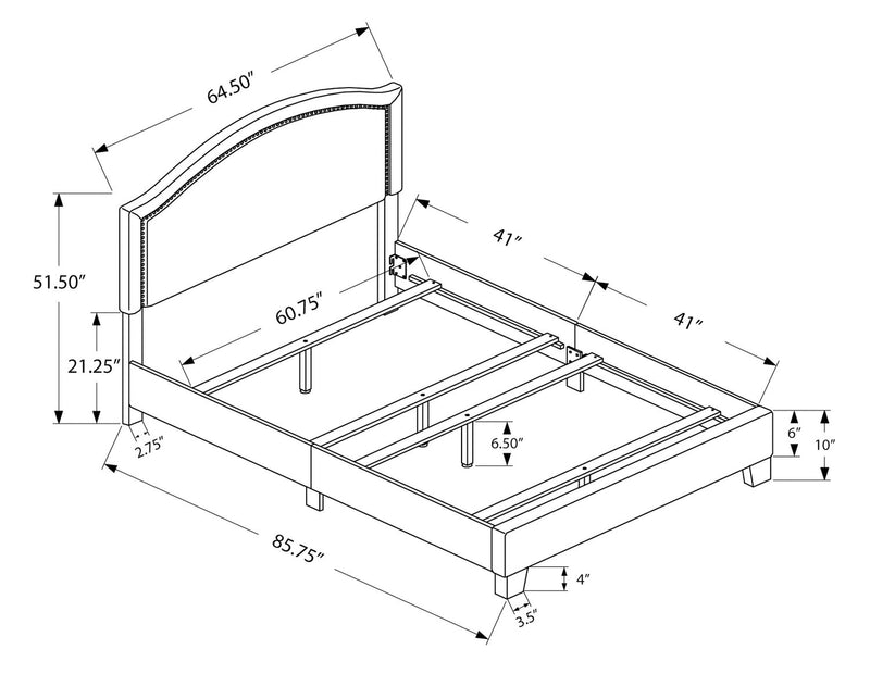 Lit rembourré Pearl en tissu gris avec clous décoratifs - format grand lit