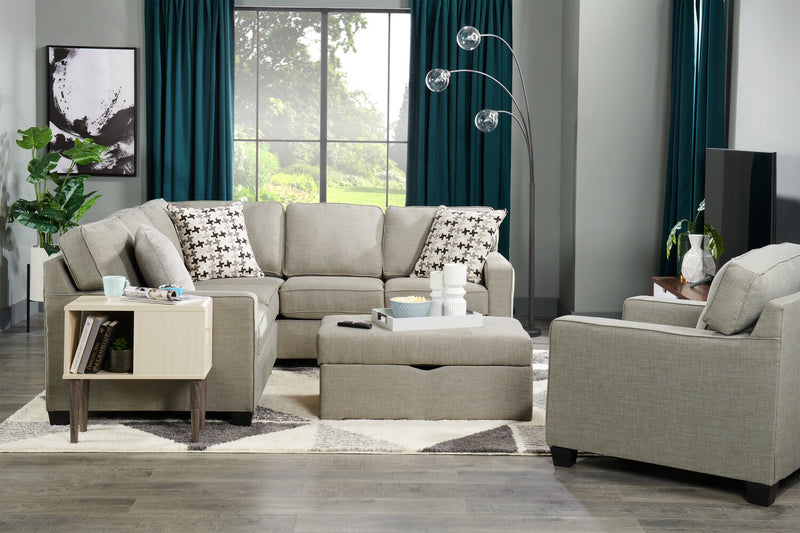 Fauteuil Sawyer de 35 po fabriqué au Canada en tissu d’apparence lin avec coussins réversibles et accoudoirs rectilignes - gris clair