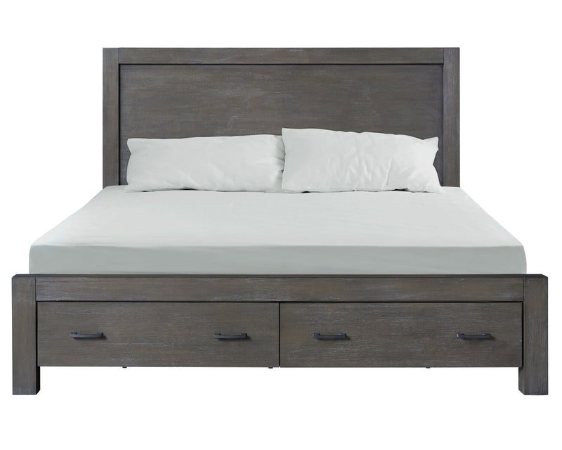 Ensemble de chambre à coucher Koda 6 pièces en bois avec lit de rangement, commode, miroir et table de nuit, gris - format très grand lit