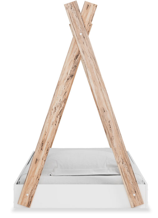 Lit plateforme Wolf en forme de tente pour enfants, deux teintes, blanc et naturel - format lit simple