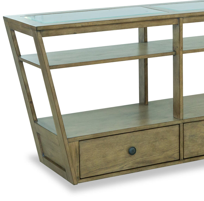 Table de salon traditionnelle Esme de 56 po avec dessus en verre, rangement et tablette - bois brun clair