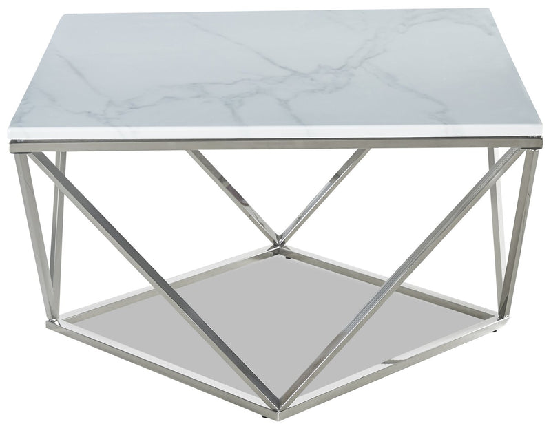 Table à café carrée moderne Amanda de 31,5 po - dessus en marbre blanc avec base en métal chromé