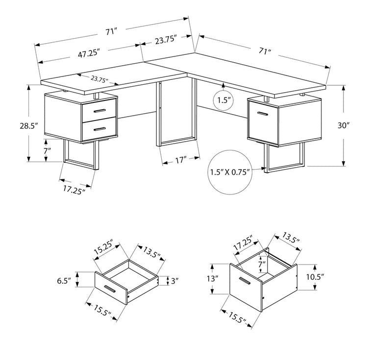 Bureau en coin en forme de L réversible Marnie de 71 po à 3 tiroirs - espresso