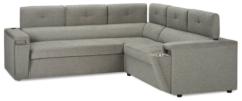 Sofa sectionnel de gauche Savvy 2 pièces en tissu d’apparence lin avec appuie-têtes réglables, porte-gobelets et port USB - gris