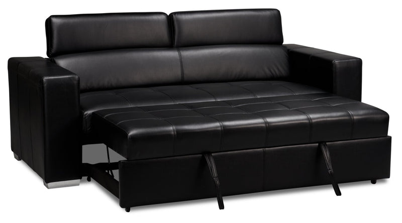 Sofa-lit Drake de 87 po en tissu d’apparence cuir avec lit rétractable, appuie-têtes relevables et capitonnage à boutons - noir