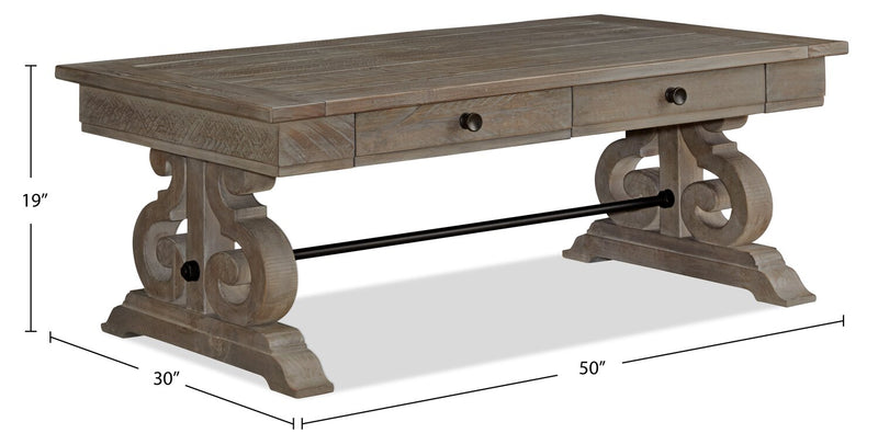 Table à café traditionnelle Tinley Park de 50 po avec rangement et tablette - pin gris-brun avec base à volutes