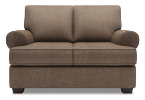 Causeuse personnalisable Roll de Sofa Lab de 64 po fabriquée au Canada en tissu d’apparence lin avec accoudoirs enroulés - brun Luna Praline
