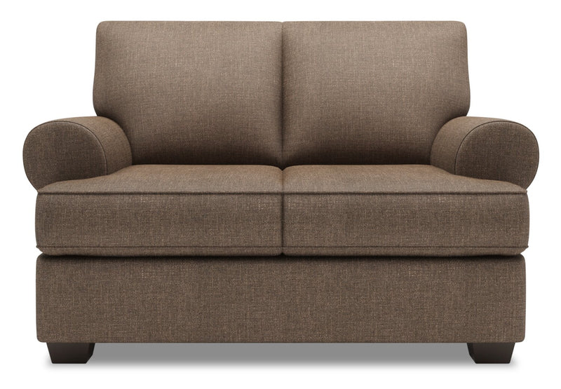 Causeuse personnalisable Roll de Sofa Lab de 64 po fabriquée au Canada en tissu d’apparence lin avec accoudoirs enroulés - brun Luna Praline