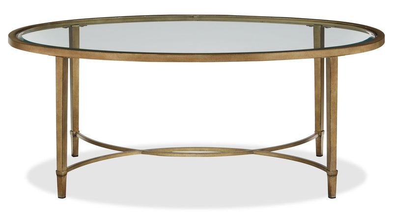Table à café ovale traditionnelle Copia de 50 po avec dessus en verre - argentée et dorée avec base en métal