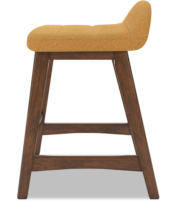 Tabouret Jovi de hauteur comptoir en tissu d’apparence lin et en bois - moutarde