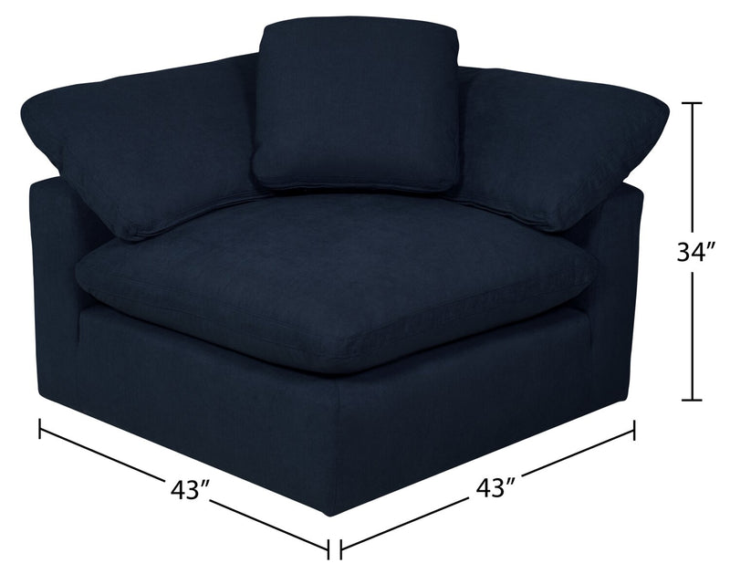 Fauteuil modulaire en coin Eclipse de 43 po en tissu d’apparence lin avec coussins réversibles en duvet et plumes - bleu marine