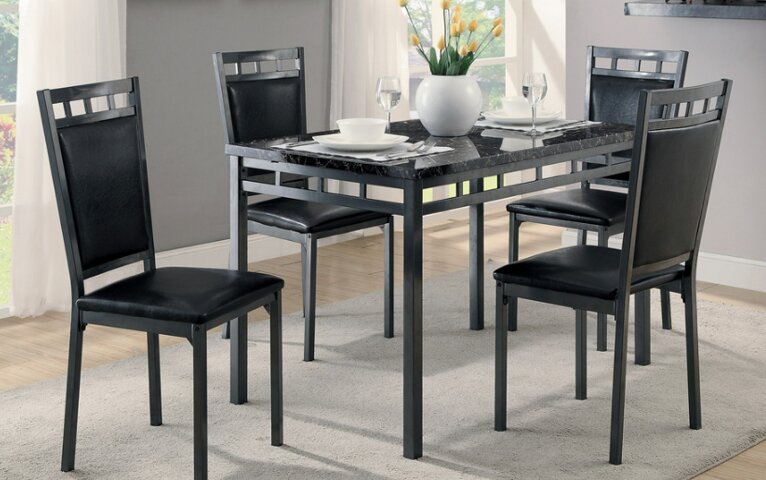 Ensemble de salle à manger Marc 5 pièces en métal avec table de 48 po (L), dessus en imitation de marbre et 4 chaises - noir