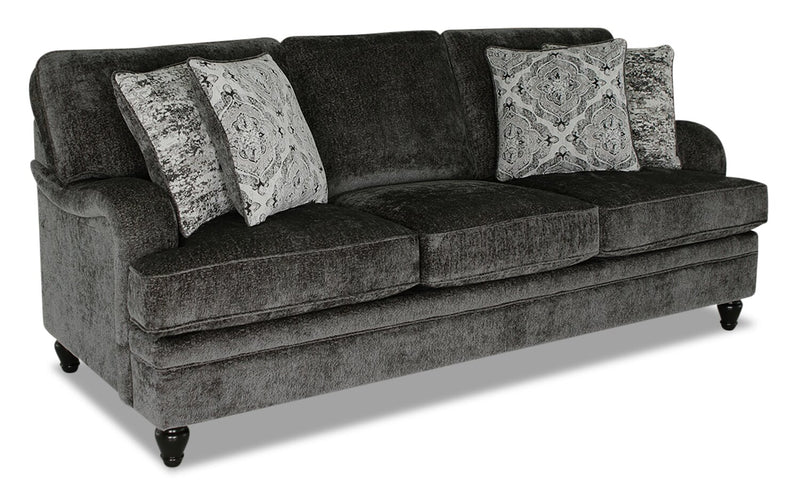 Sofa Bellmont de 89 po fabriqué au Canada en tissu de chenille avec coussins réversibles et pattes en bois - gris anthracite