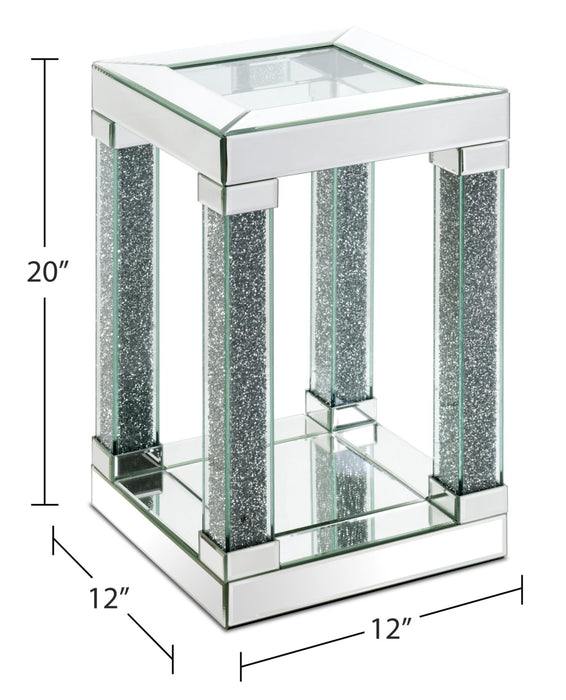 Table de fauteuil somptueuse Berni de 12 po avec dessus en miroir et en verre et tablette - métal argenté avec pattes à apparence de diamant