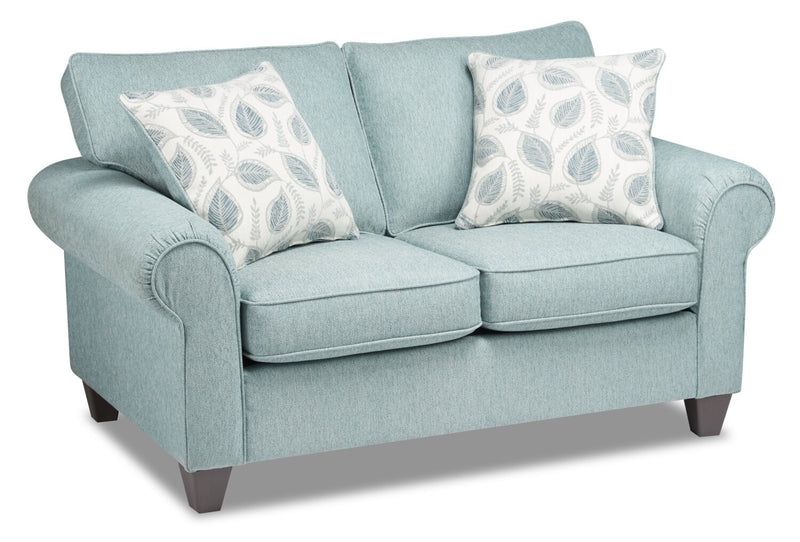 Causeuse Scarlett de 64 po fabriquée au Canada en tissu de chenille avec accoudoirs enroulés et coussins décoratifs - bleu marine
