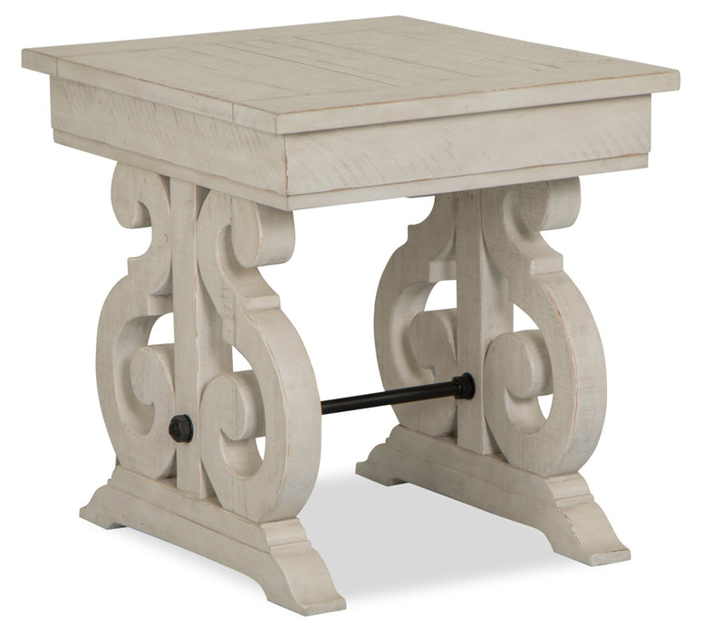Table de bout traditionnelle Bronwyn de 22 po avec rangement - pin albâtre avec base en bois à volutes