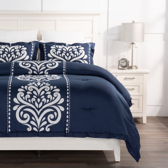 Ensemble d'édredon Navy Damask 3 pièces pour très grand lit