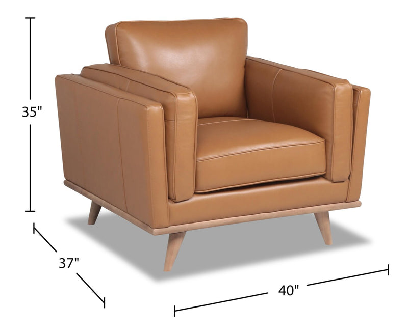 Fauteuil Vivia de 40 po en cuir véritable avec coussin de siège amovible et base en bois - brun caramel
