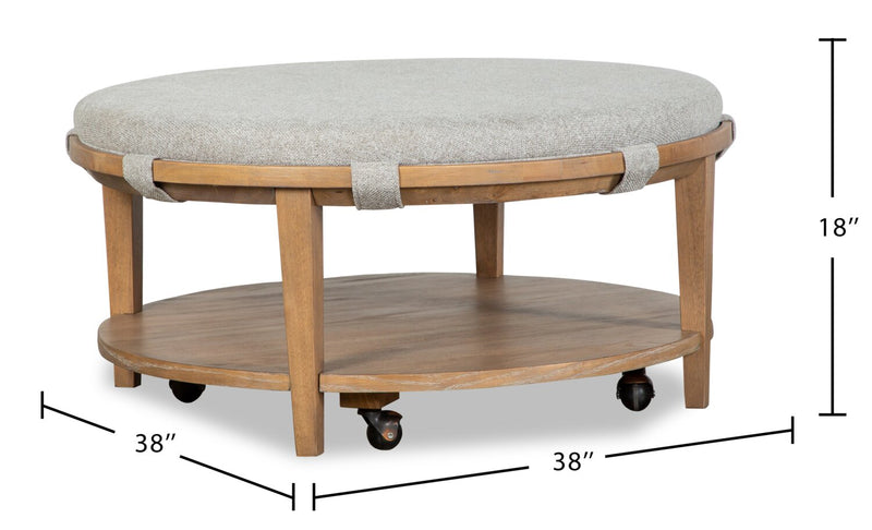 Table à café ronde moderne Rhett de 38 po avec tablette et roulettes - bois brun clair avec coussin gris