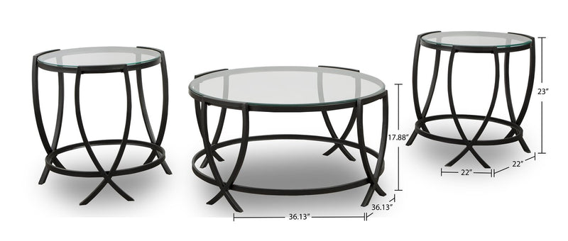 Ensemble 3 tables rondes modernes Tarrin de 36,13 po (table à café et 2 tables de bout) - dessus en verre avec pattes en métal