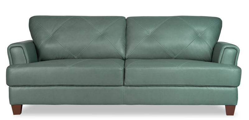 Sofa Vita de Château d’Ax de 87 po en cuir 100 % véritable avec coutures à motif de diamant et pattes en bois - vert écume de mer
