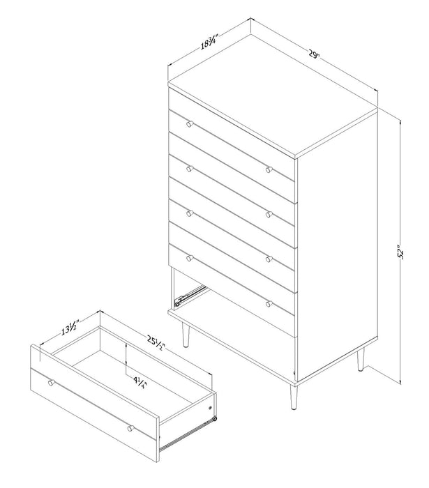 Commode verticale somptueuse Lake de 29 po (L) x 52 po (H) à 5 tiroirs pour la chambre à coucher, fabriquée au Canada - blanche
