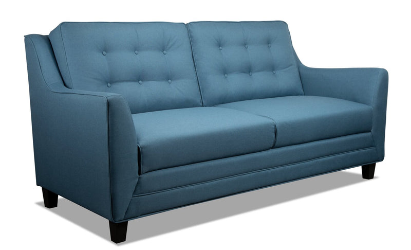 Sofa Novalee de 75,5 po en tissu d’apparence lin avec accoudoirs évasés et capitonnage à boutons - bleu