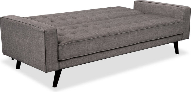 Futon Avery de 81,5 po en tissu d’apparence lin avec mécanisme Klik Klak, capitonnage et deux accoudoirs coussinés - gris