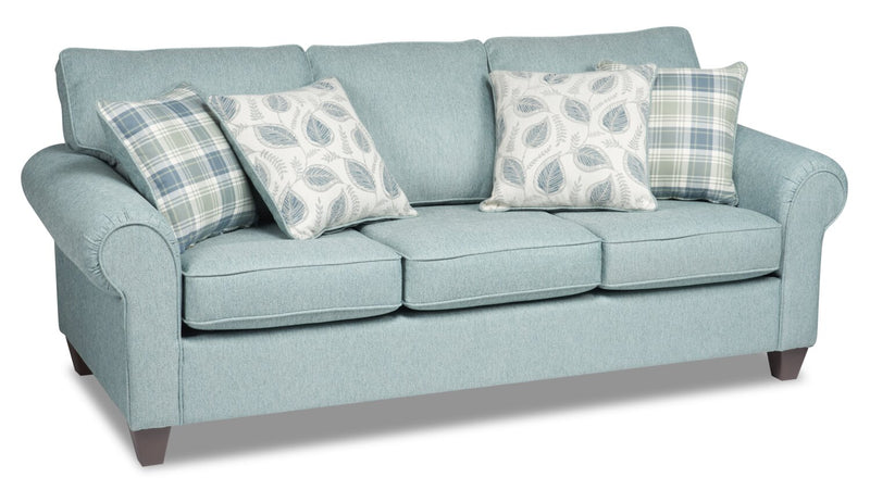 Sofa Scarlett de 87 po fabriqué au Canada en tissu de chenille avec accoudoirs enroulés et coussins décoratifs - bleu marine