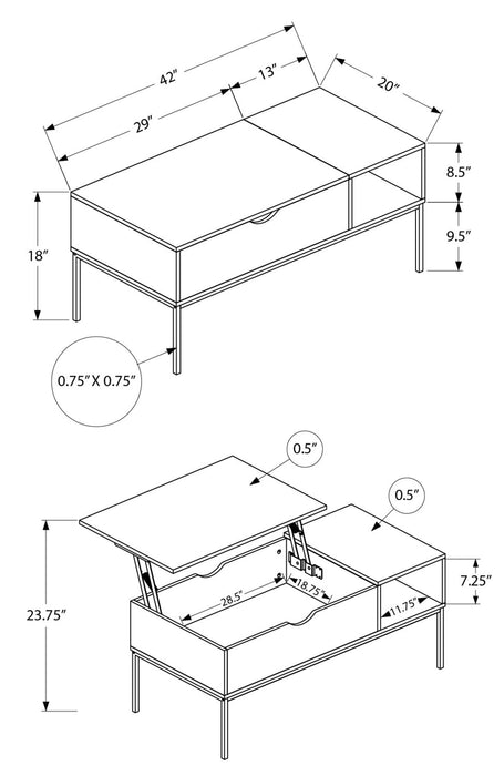 Table à café moderne Bence de 42 po avec dessus relevable et rangement - taupe avec pattes en métal noir