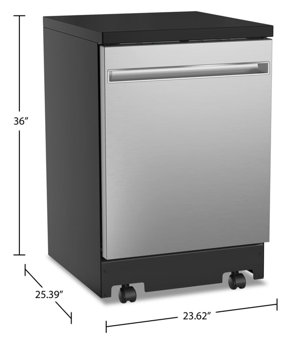 Lave-vaisselle portatif GE de 24 po et de 54 dBA avec commandes sur le dessus et broyeur d’aliments solides PiranhaMC - acier inoxydable - GPT225SSLSS