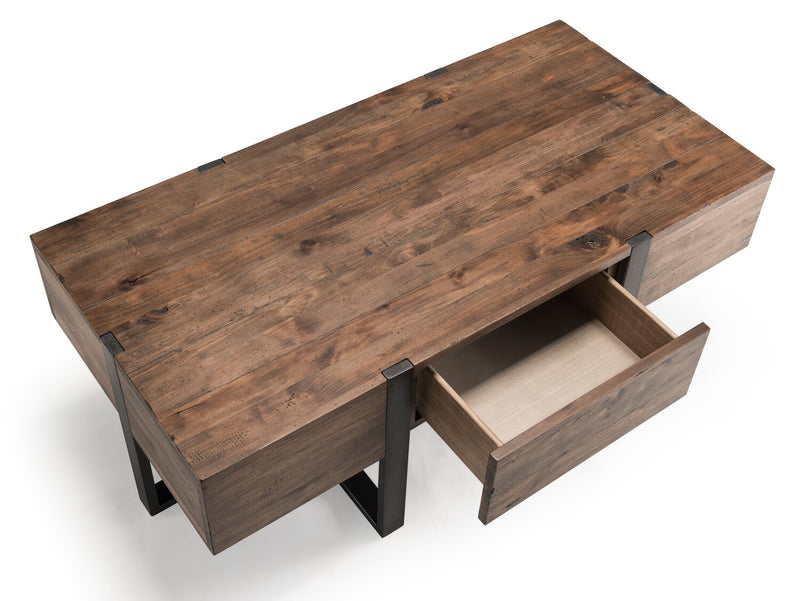 Table de salon moderne Manchester de 54 po avec rangement et tablette - bois brun avec base en fer