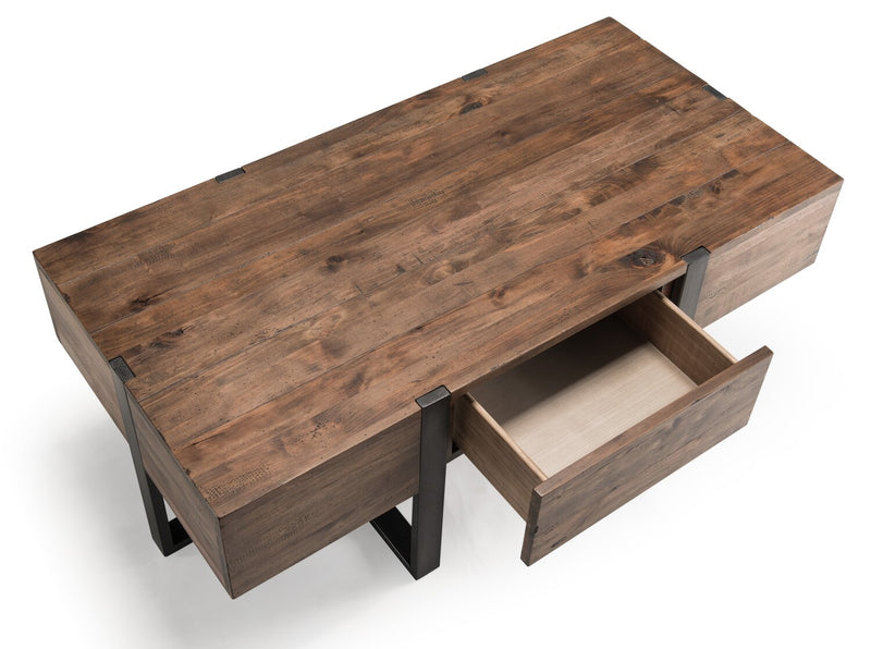 Table à café rustique Manchester de 54 po avec rangement - bois brun avec base en fer