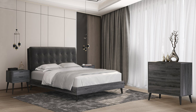 Lit plateforme rembourré Nash en tissu gris foncé avec capitonnage à boutons - format très grand lit