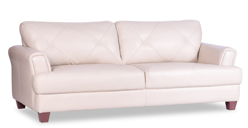 Sofa Vita de Château d’Ax de 87 po en cuir 100 % véritable avec coutures à motif de diamant et pattes en bois - blanc fumée