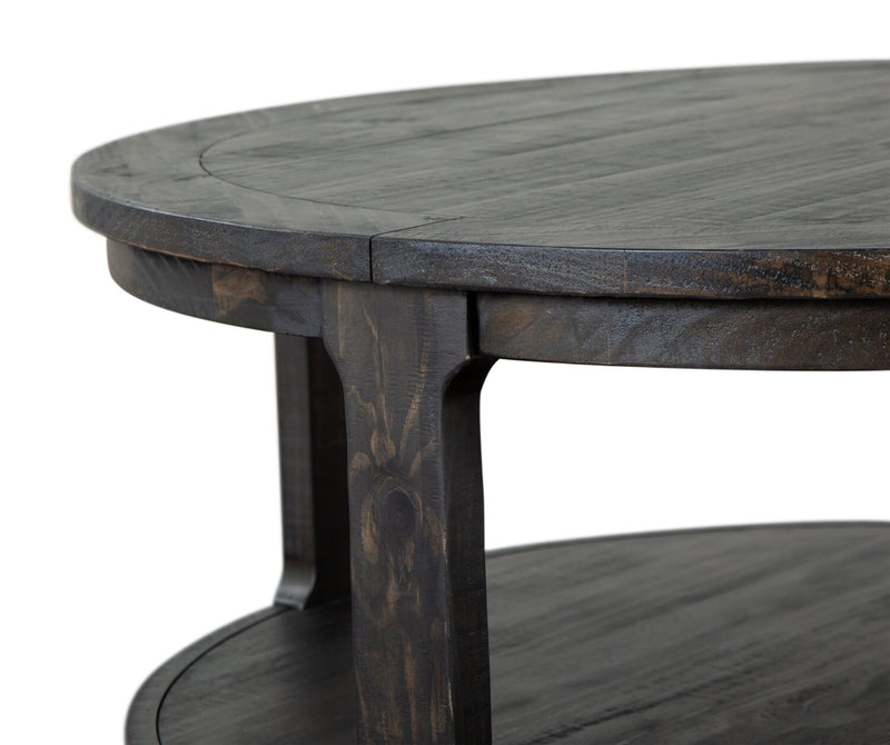 Table à café ronde traditionnelle Axl de 40 po avec tablette - bois gris-brun foncé