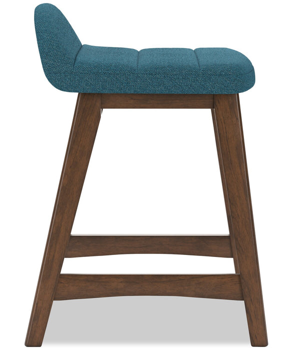 Tabouret Jovi de hauteur comptoir en tissu d’apparence lin et en bois - bleu